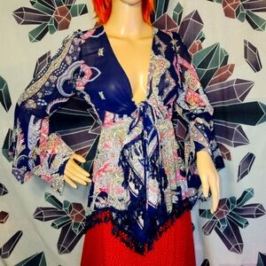 Umgee SMALL Boho Paisly Navy Handkerchief Cover-up Tie Front Top